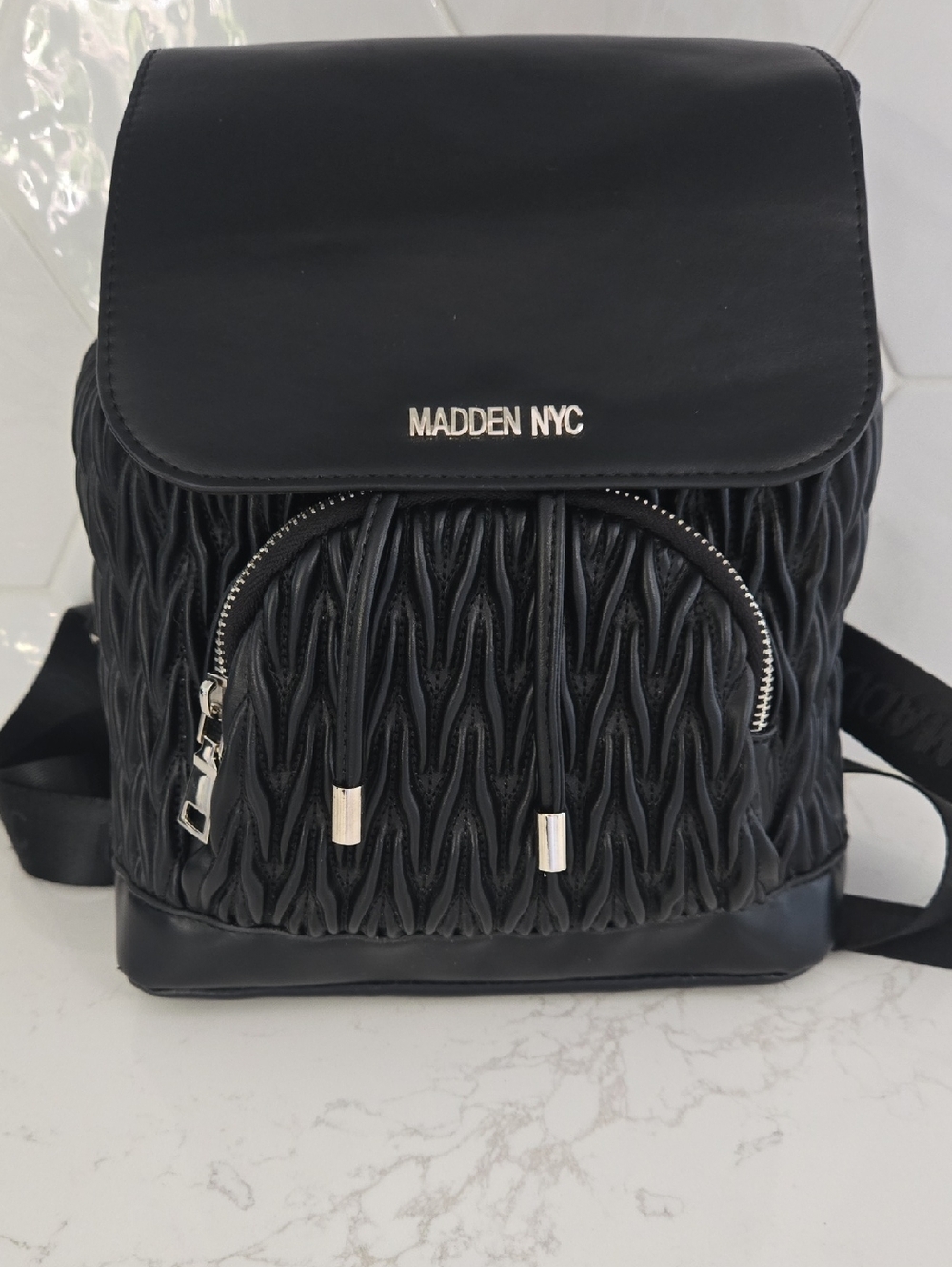 Madden NYC Black Mini Backpack with Textured Front